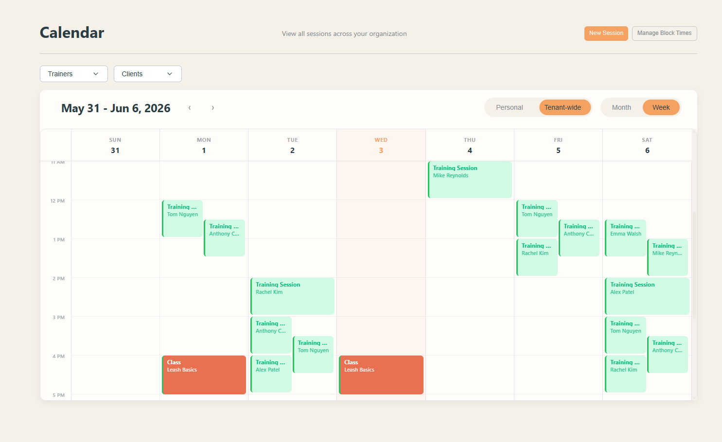 Trainer calendar showing today's sessions and upcoming bookings