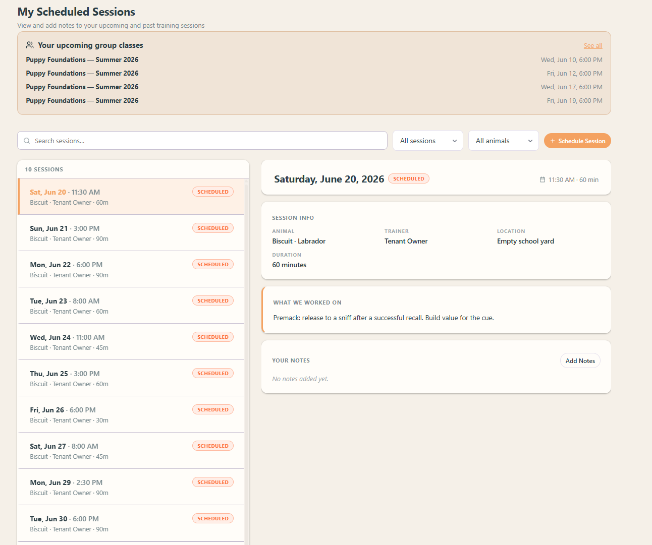 Client portal showing scheduled training sessions, group classes, and session notes