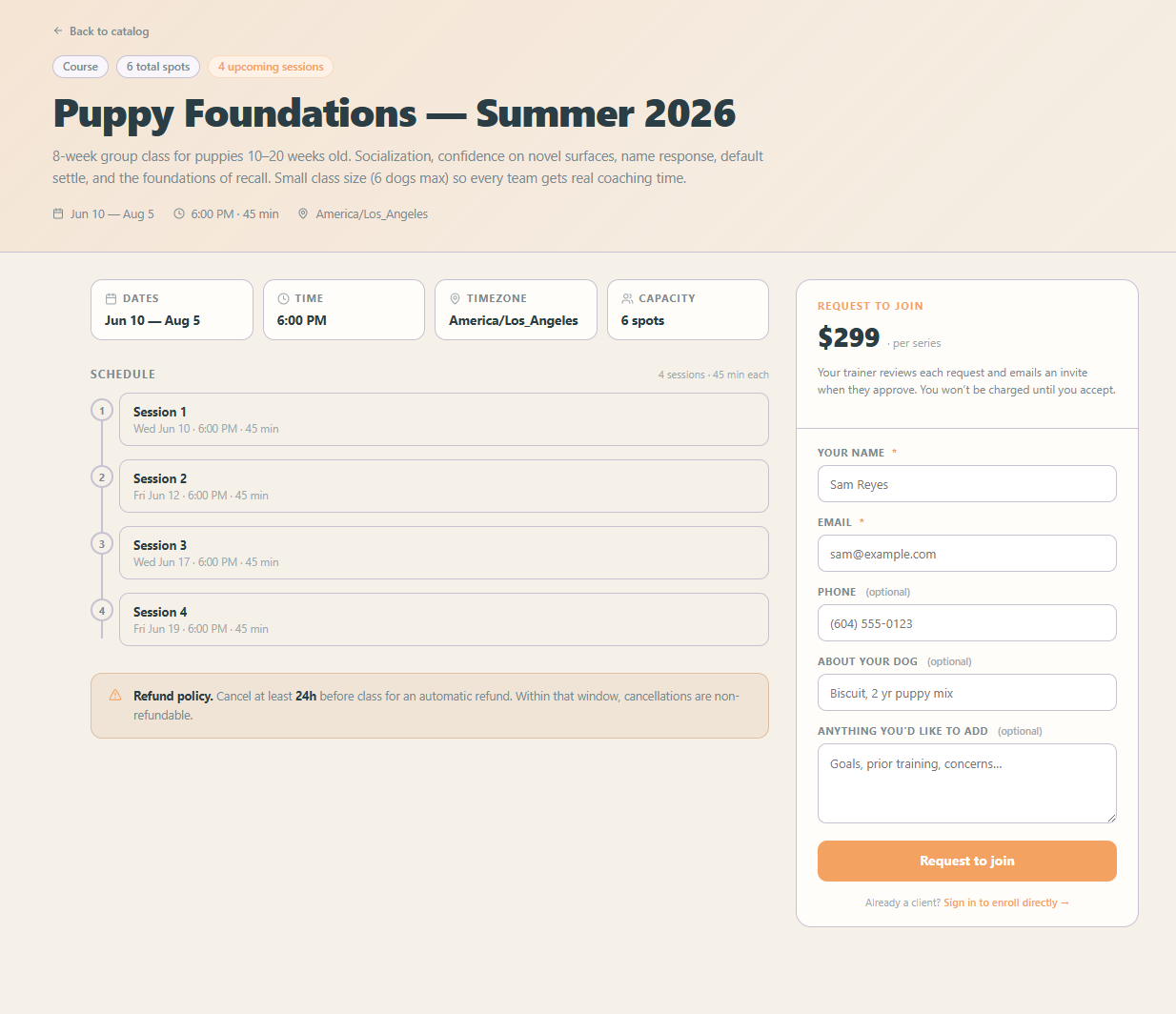 Public class signup page